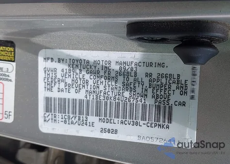 2004 Toyota Camry Le from USA, damaged, VIN 4T1BE30K84U267541